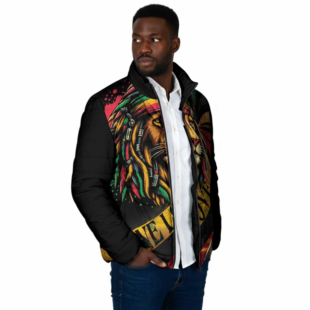 Black Jamaican Padded Jacket Rastafarian Lion One Love