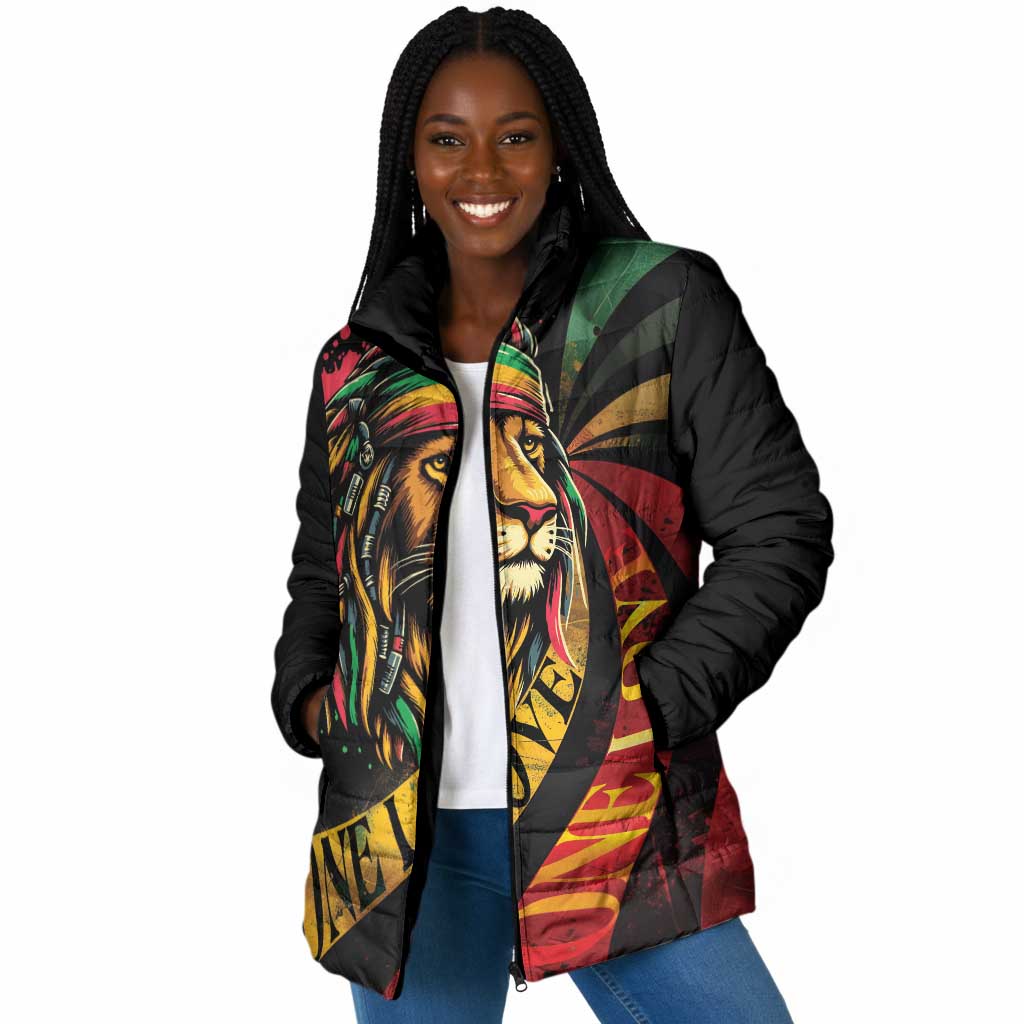 Black Jamaican Padded Jacket Rastafarian Lion One Love