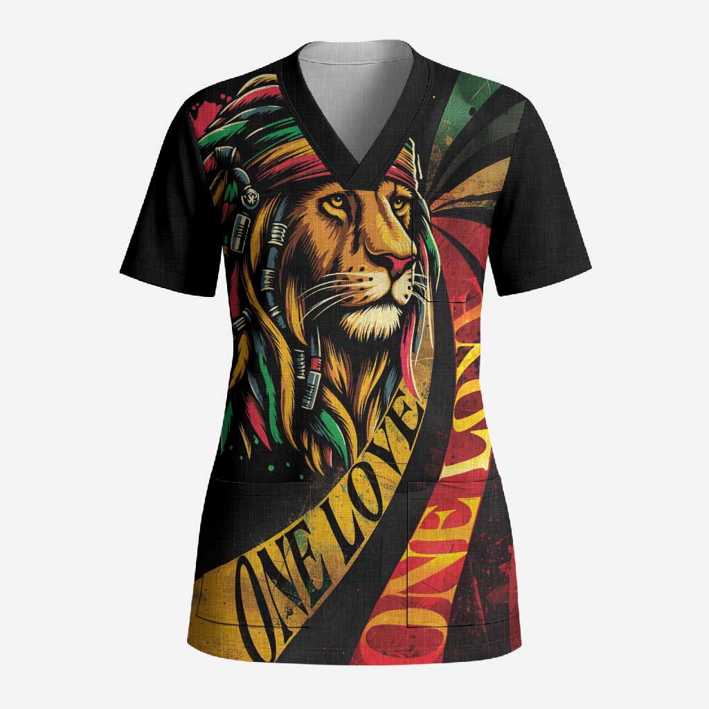 Black Jamaican Scrub Top Rastafarian Lion One Love