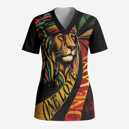 Black Jamaican Scrub Top Rastafarian Lion One Love