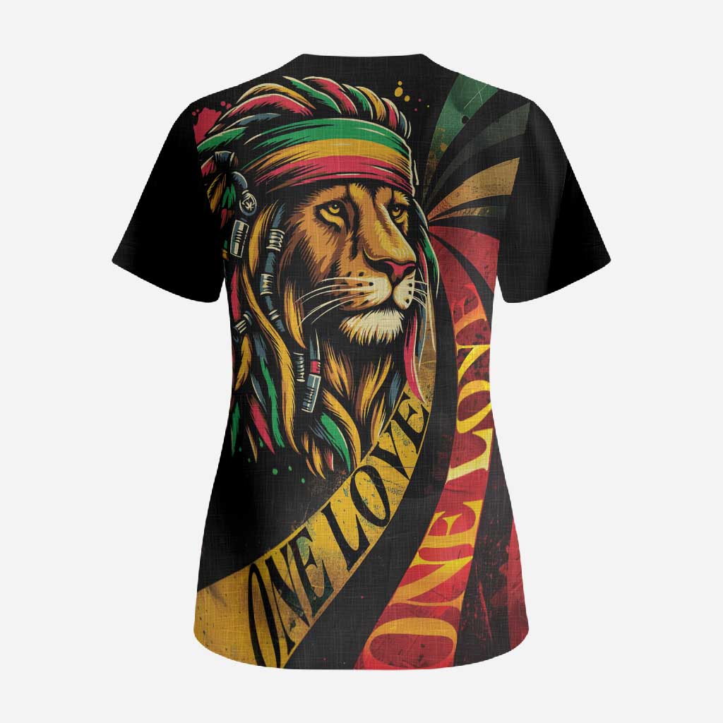 Black Jamaican Scrub Top Rastafarian Lion One Love