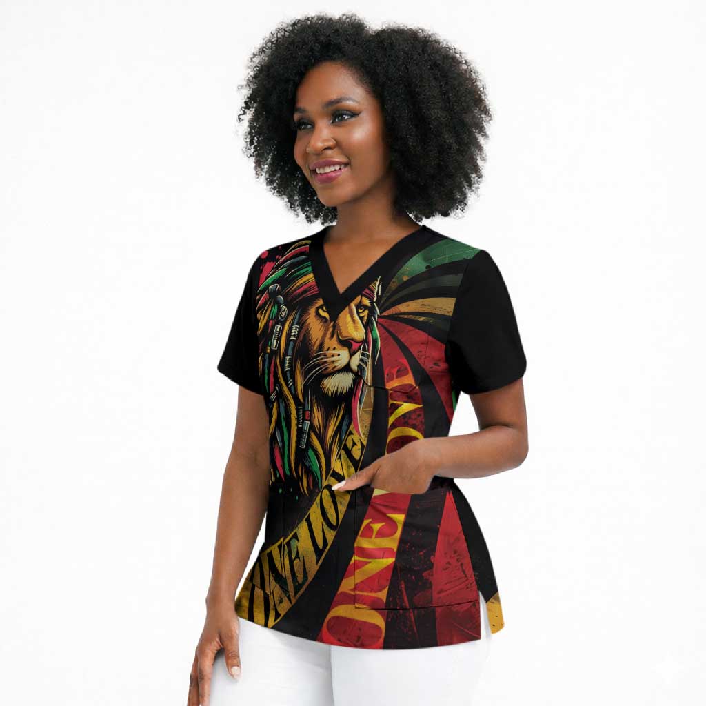 Black Jamaican Scrub Top Rastafarian Lion One Love
