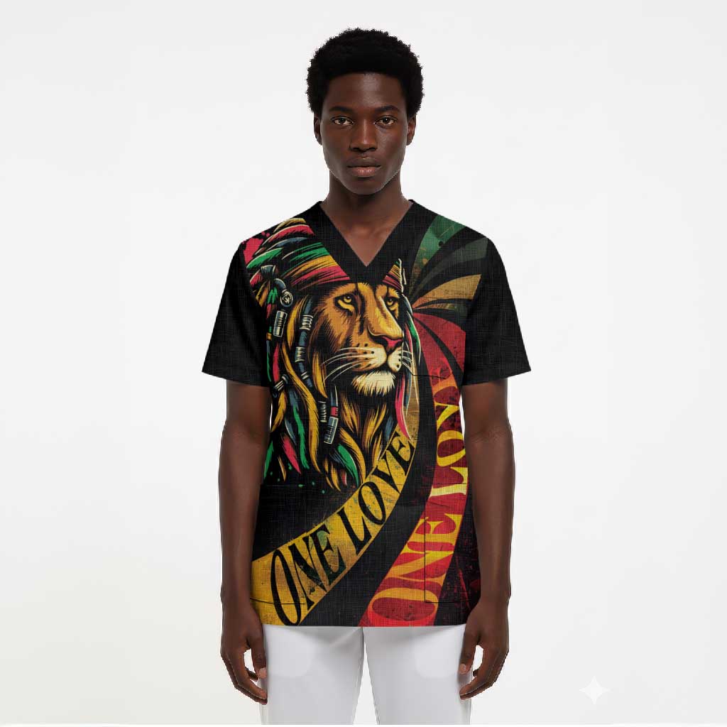 Black Jamaican Scrub Top Rastafarian Lion One Love