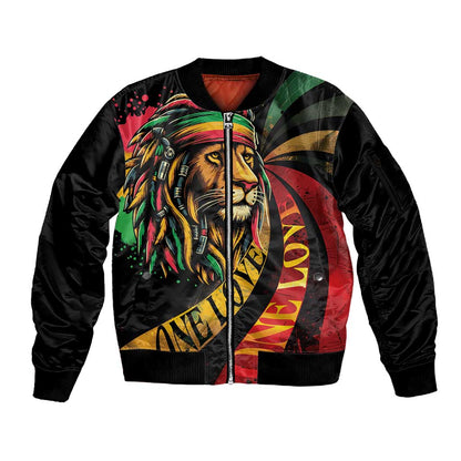 Black Jamaican Sleeve Zip Bomber Jacket Rastafarian Lion One Love LT9
