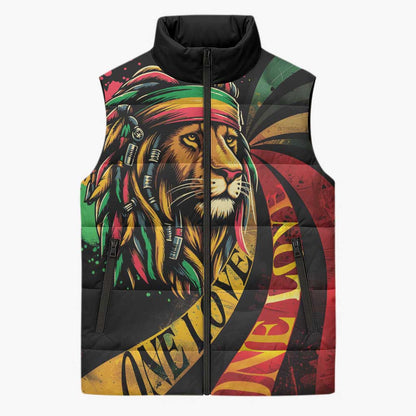 Black Jamaican Sleeveless Puffer Jacket Rastafarian Lion One Love