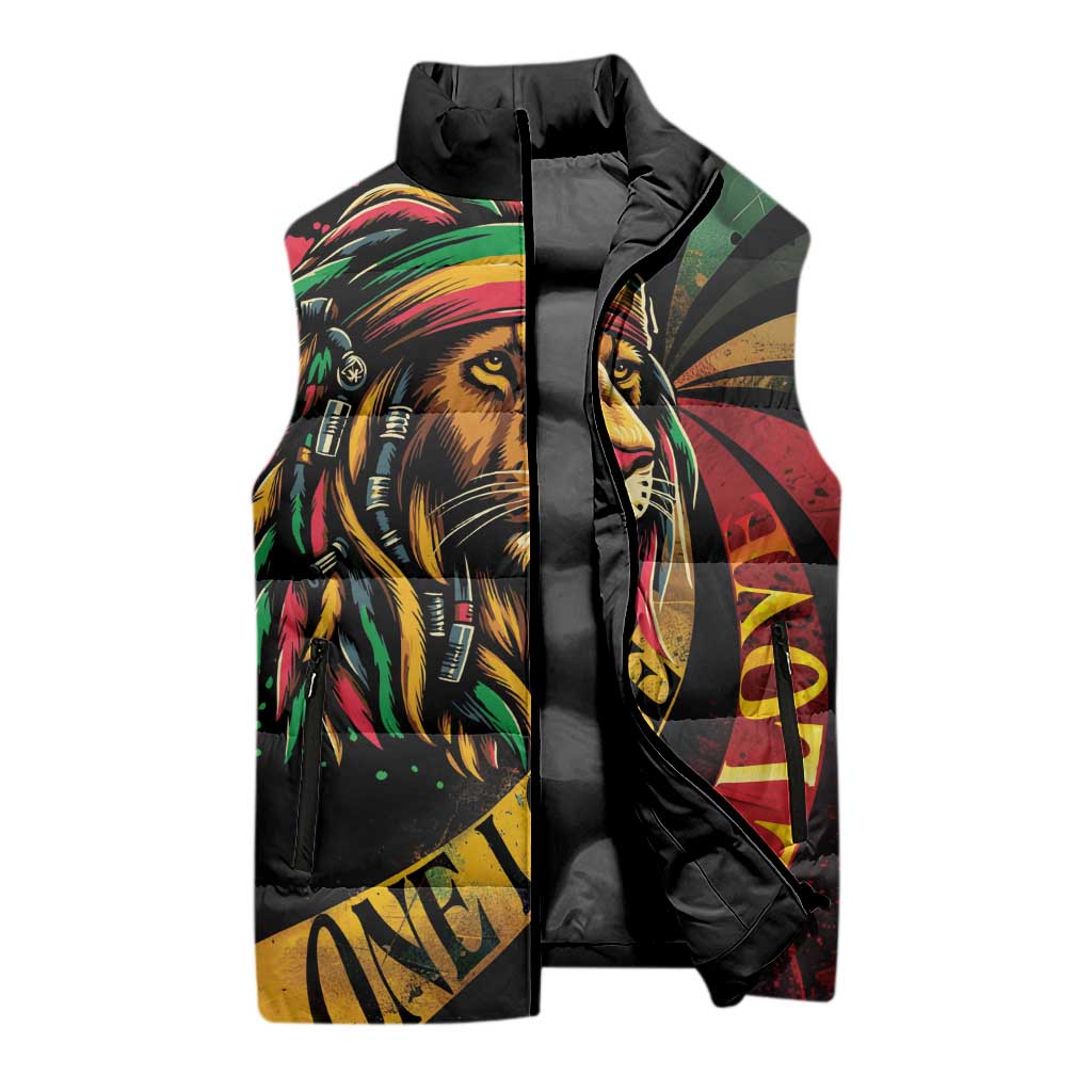Black Jamaican Sleeveless Puffer Jacket Rastafarian Lion One Love