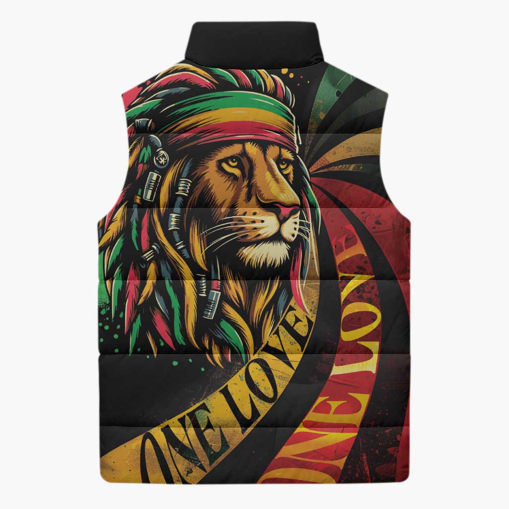 Black Jamaican Sleeveless Puffer Jacket Rastafarian Lion One Love