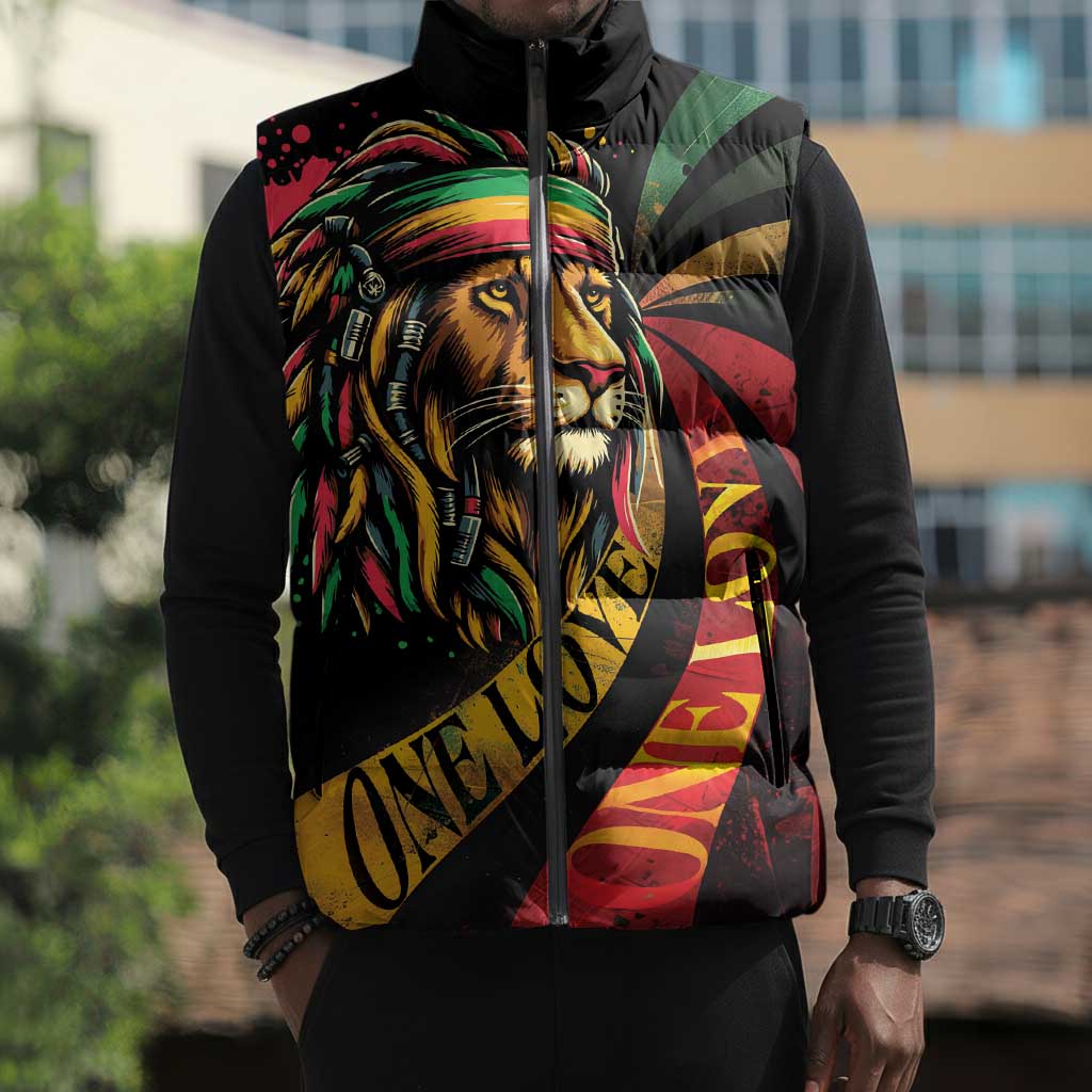 Black Jamaican Sleeveless Puffer Jacket Rastafarian Lion One Love