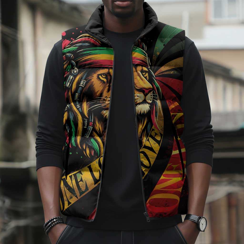 Black Jamaican Sleeveless Puffer Jacket Rastafarian Lion One Love