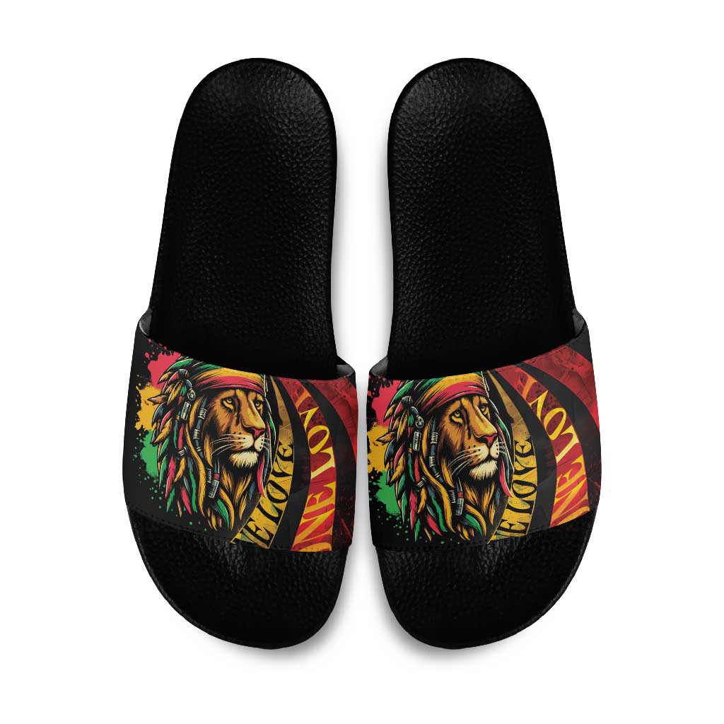 Black Jamaican Slide Sandals Rastafarian Lion One Love