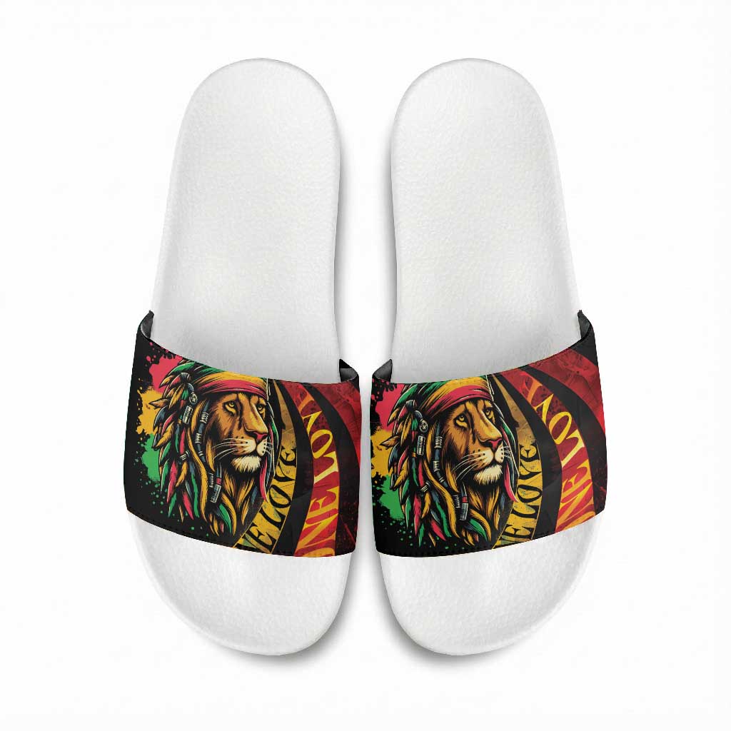 Black Jamaican Slide Sandals Rastafarian Lion One Love