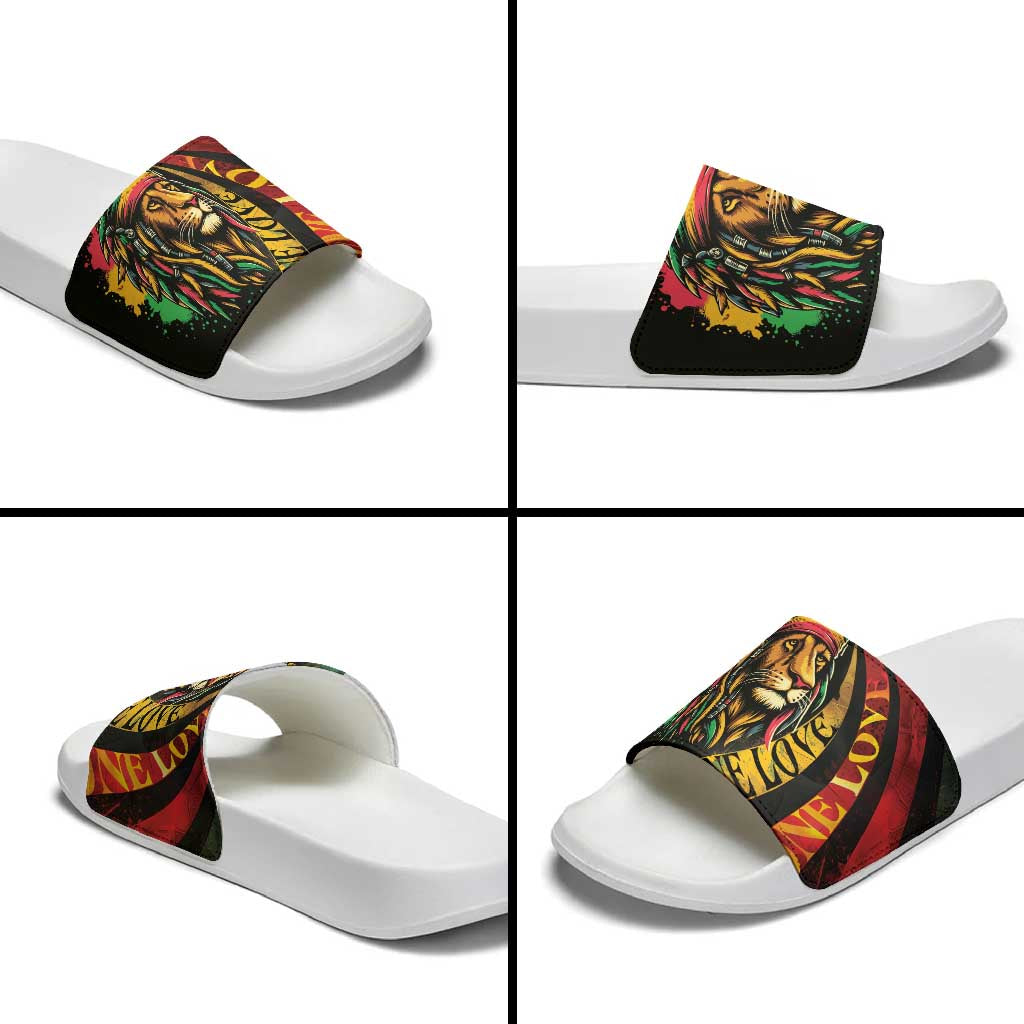 Black Jamaican Slide Sandals Rastafarian Lion One Love