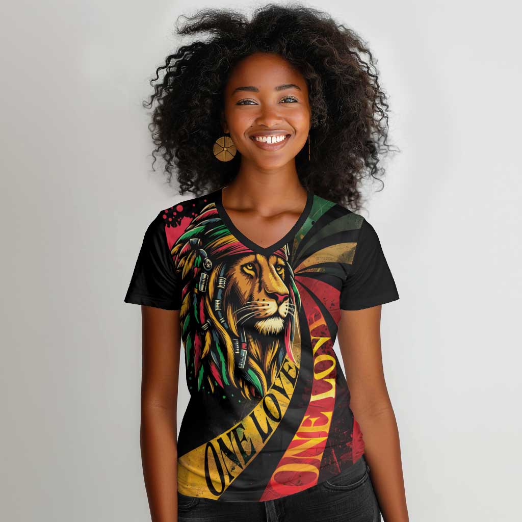 Black Jamaican Women V-Neck T-Shirt Rastafarian Lion One Love LT9