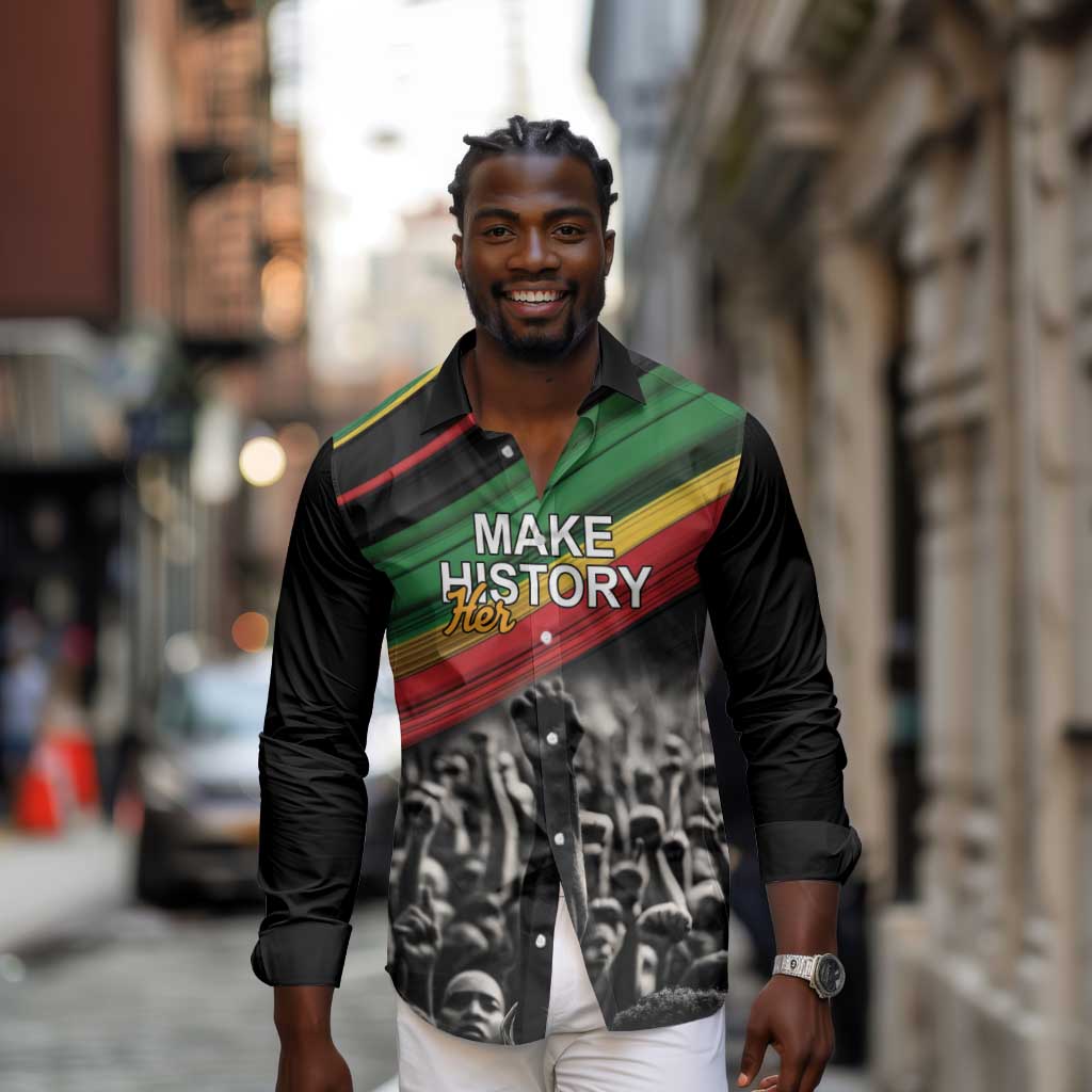 African-American History Month Long Sleeve Button Shirt Black Power Hand Make His-Herstories