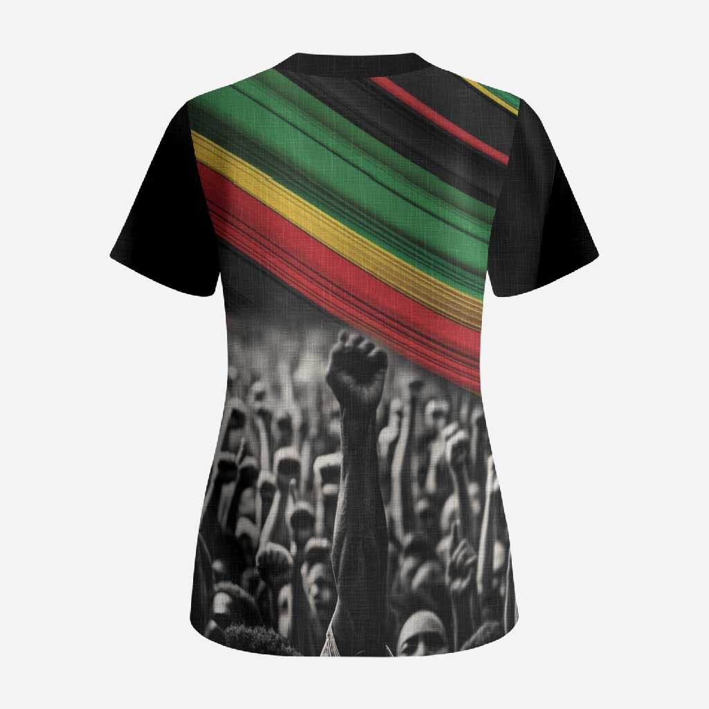 African-American History Month Scrub Top Black Power Hand Make His-Herstories
