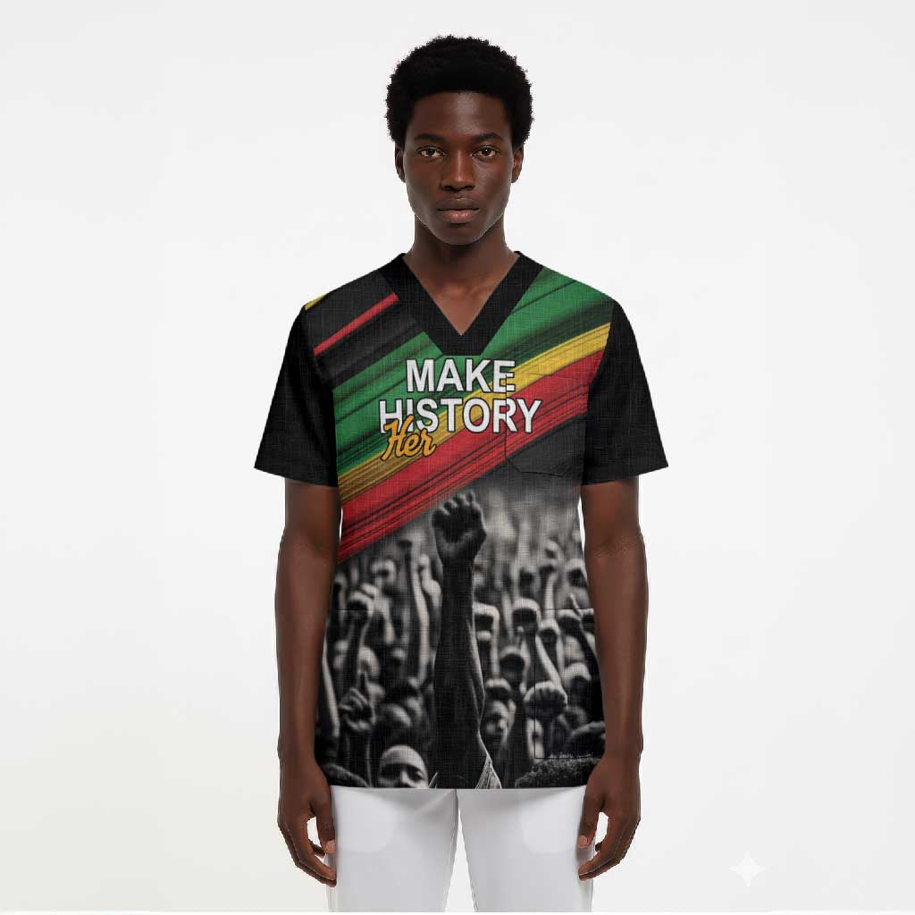 African-American History Month Scrub Top Black Power Hand Make His-Herstories