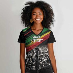 African-American History Month Women V-Neck T-Shirt Black Power Hand Make His-Herstories