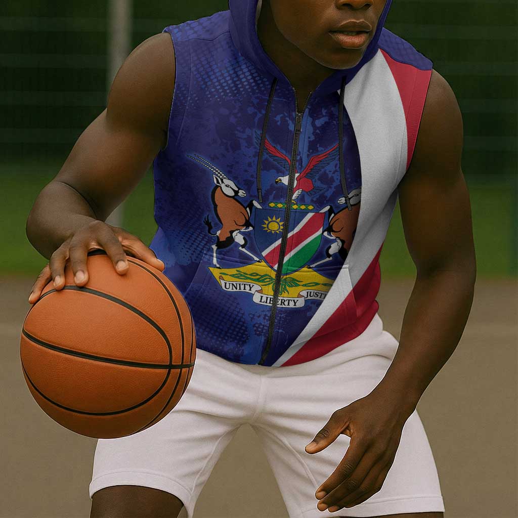 Custom Cricket African Namibia Sleeveless Zip Hoodie Coat of arms Namibian Pattern - African Pride