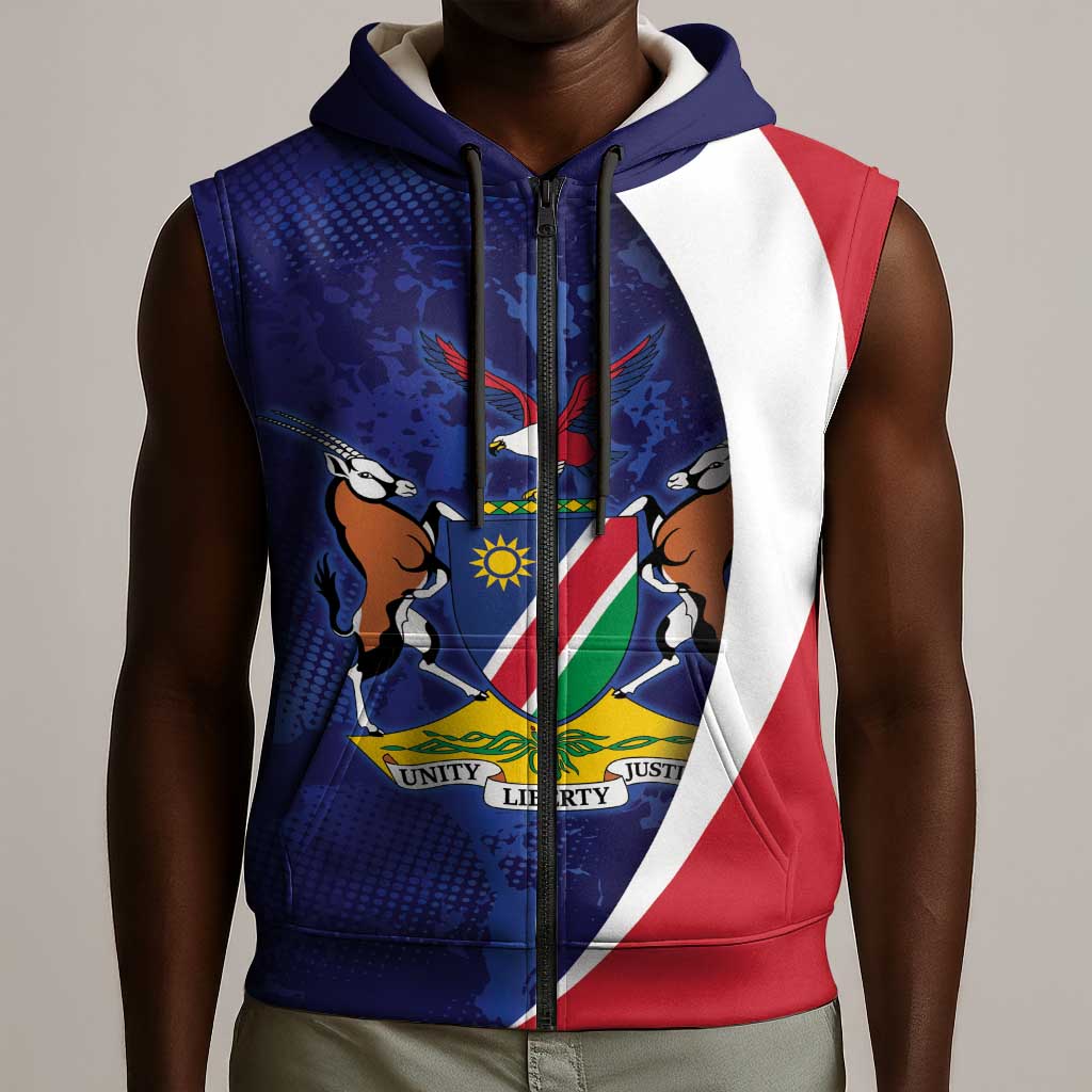 Custom Cricket African Namibia Sleeveless Zip Hoodie Coat of arms Namibian Pattern - African Pride