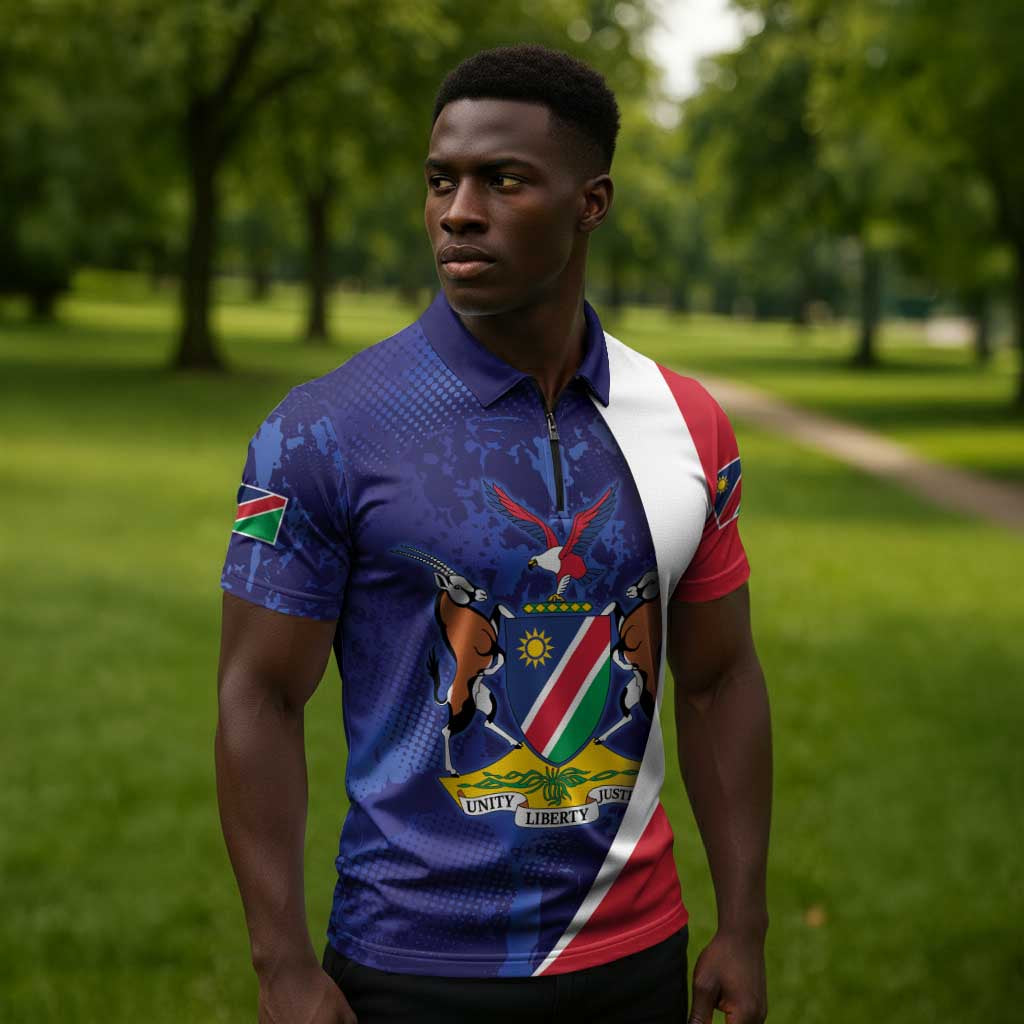 Custom Cricket African Namibia Zipper Polo Shirt Coat of arms Namibian Pattern