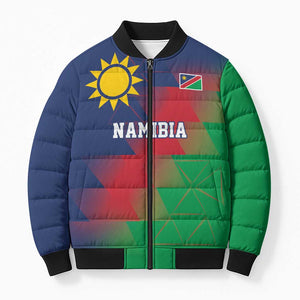 Custom Cricket African Namibia Bomber Puffer Jacket Namibian Gold Sun Flag Motif