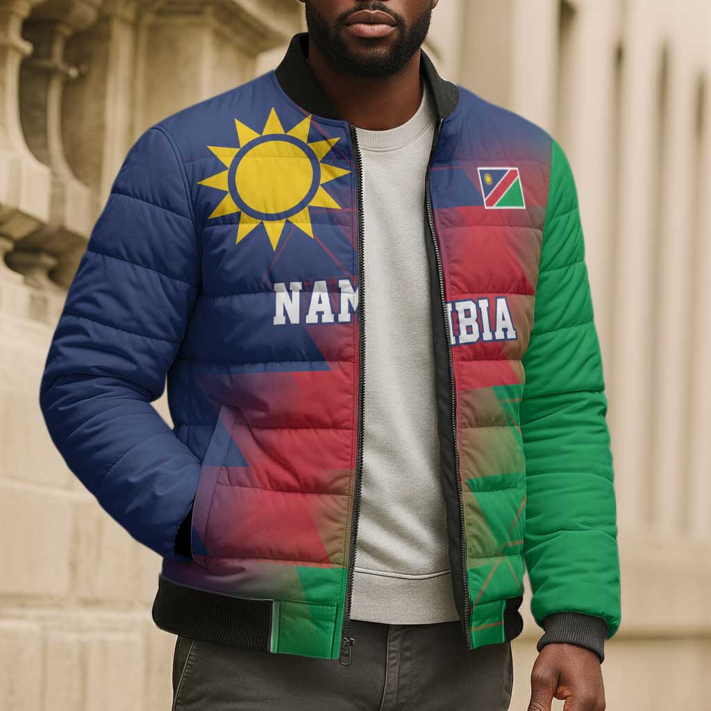 Custom Cricket African Namibia Bomber Puffer Jacket Namibian Gold Sun Flag Motif