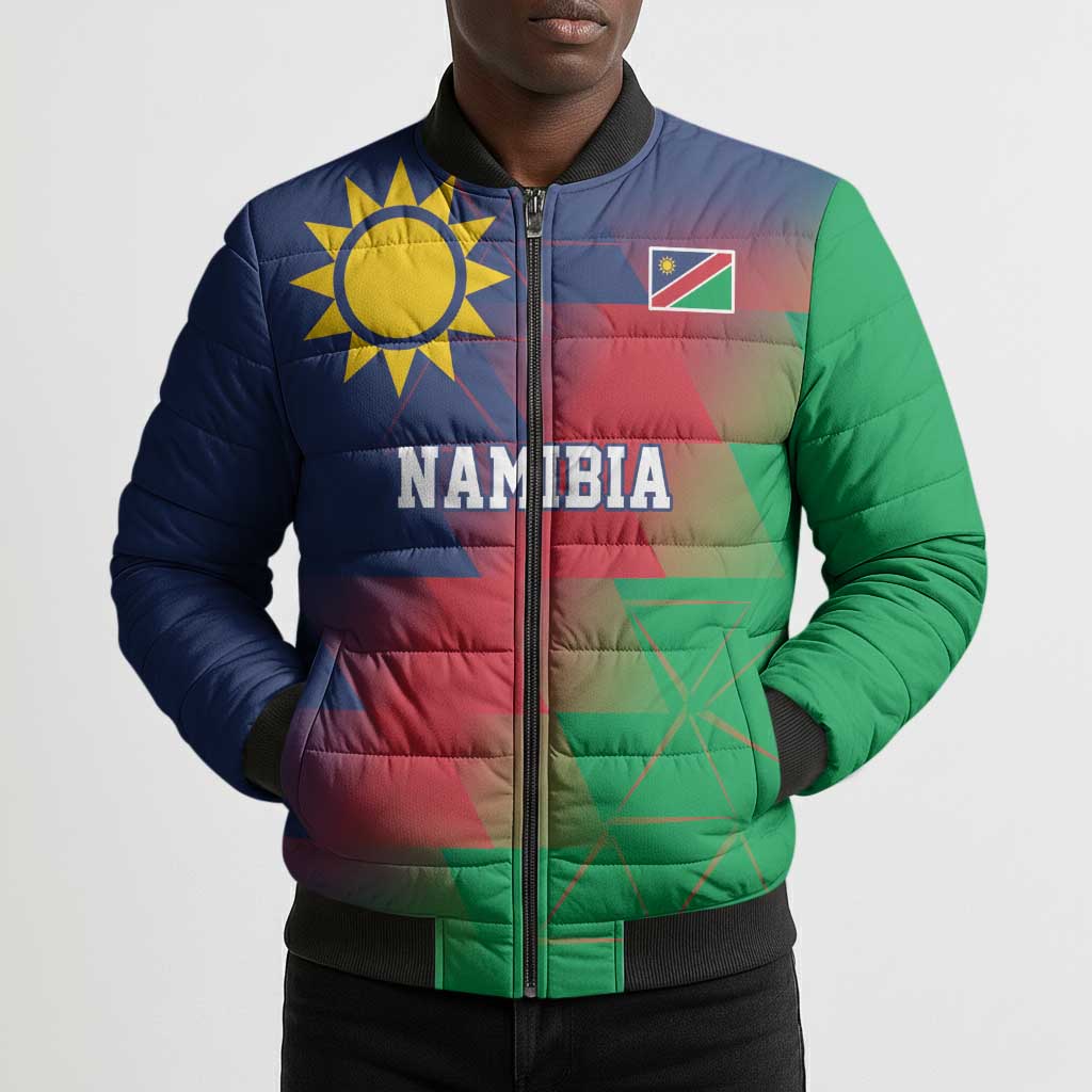 Custom Cricket African Namibia Bomber Puffer Jacket Namibian Gold Sun Flag Motif