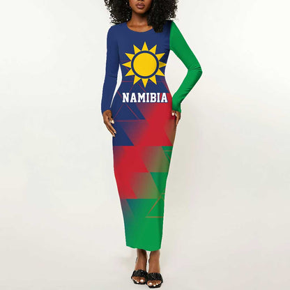 Custom Cricket African Namibia Long Sleeve Bodycon Dress Namibian Gold Sun Flag Motif - African Pride