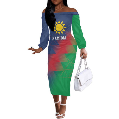 Custom Cricket African Namibia Off The Shoulder Long Sleeve Dress Namibian Gold Sun Flag Motif - African Pride
