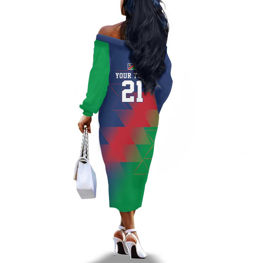 Custom Cricket African Namibia Off The Shoulder Long Sleeve Dress Namibian Gold Sun Flag Motif - African Pride