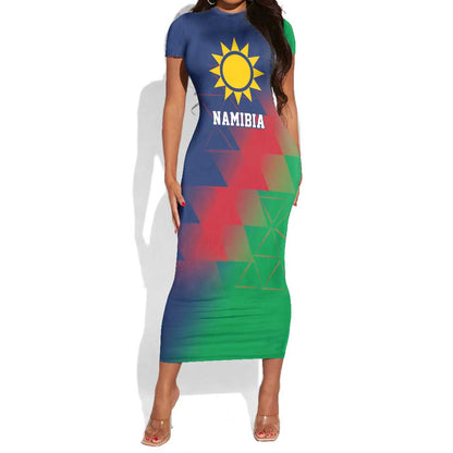 Custom Cricket African Namibia Short Sleeve Bodycon Dress Namibian Gold Sun Flag Motif - African Pride