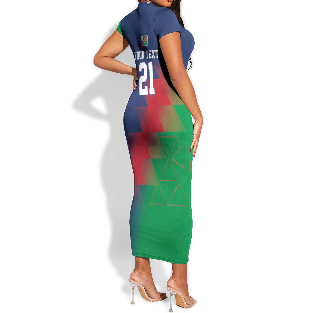Custom Cricket African Namibia Short Sleeve Bodycon Dress Namibian Gold Sun Flag Motif - African Pride