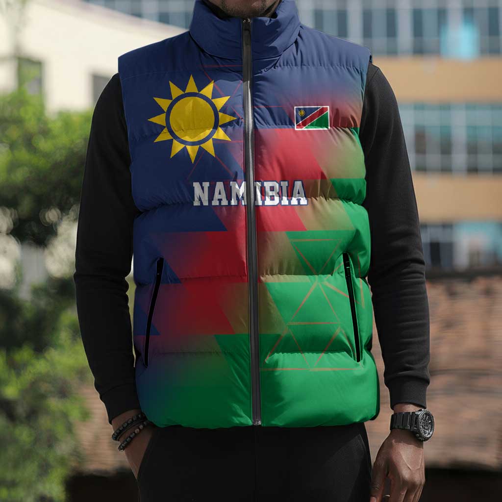 Custom Cricket African Namibia Sleeveless Puffer Jacket Namibian Gold Sun Flag Motif