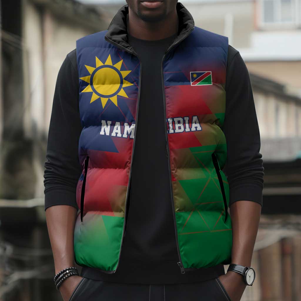 Custom Cricket African Namibia Sleeveless Puffer Jacket Namibian Gold Sun Flag Motif