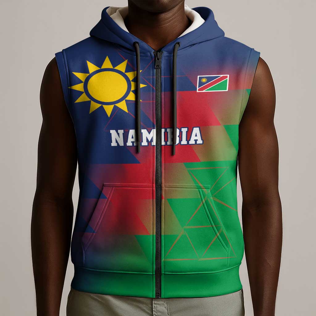 Custom Cricket African Namibia Sleeveless Zip Hoodie Namibian Gold Sun Flag Motif - African Pride