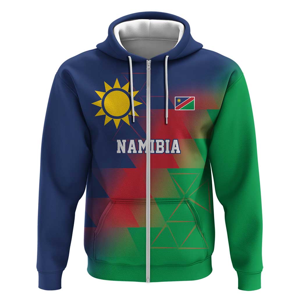 Custom Cricket African Namibia Zip Hoodie Namibian Gold Sun Flag Motif - African Pride