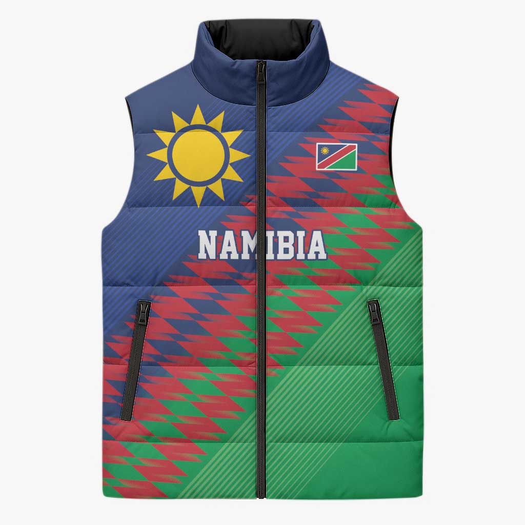 Custom Cricket African Namibia Sleeveless Puffer Jacket Namibian Sporty Pattern Flag Motif