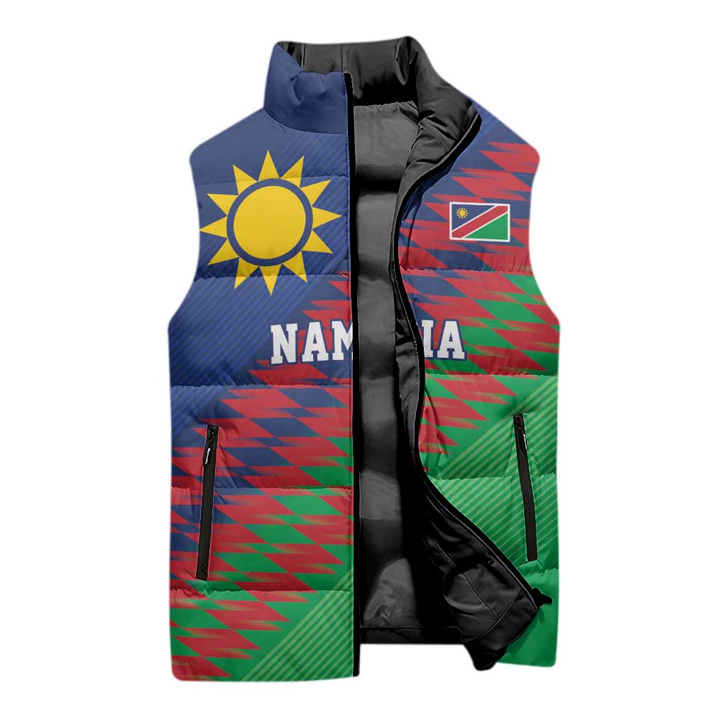 Custom Cricket African Namibia Sleeveless Puffer Jacket Namibian Sporty Pattern Flag Motif