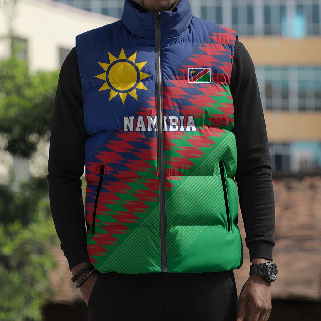 Custom Cricket African Namibia Sleeveless Puffer Jacket Namibian Sporty Pattern Flag Motif