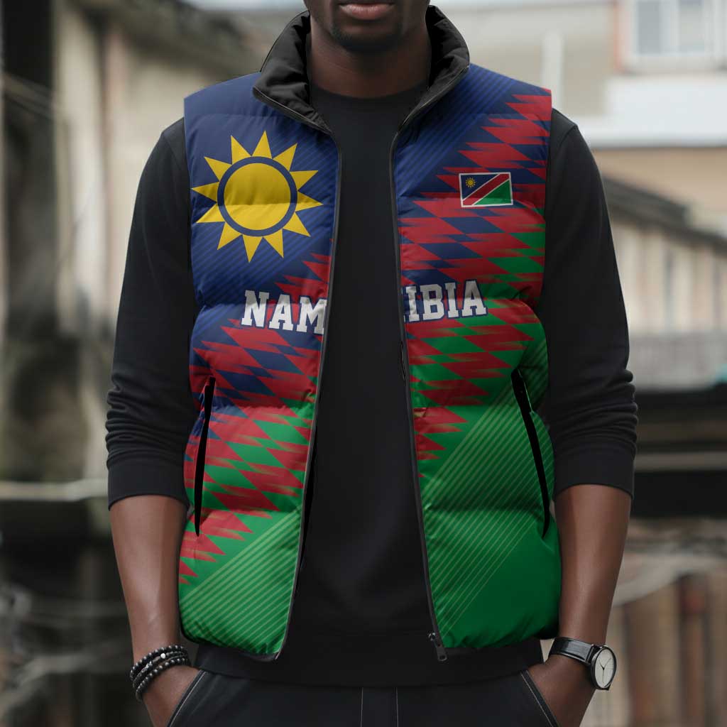 Custom Cricket African Namibia Sleeveless Puffer Jacket Namibian Sporty Pattern Flag Motif