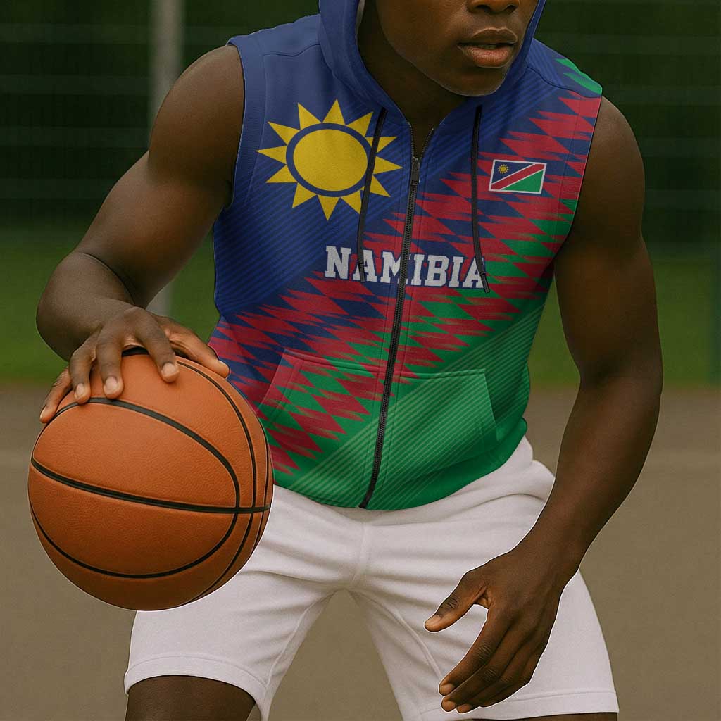 Custom Cricket African Namibia Sleeveless Zip Hoodie Namibian Sporty Pattern Flag Motif - African Pride