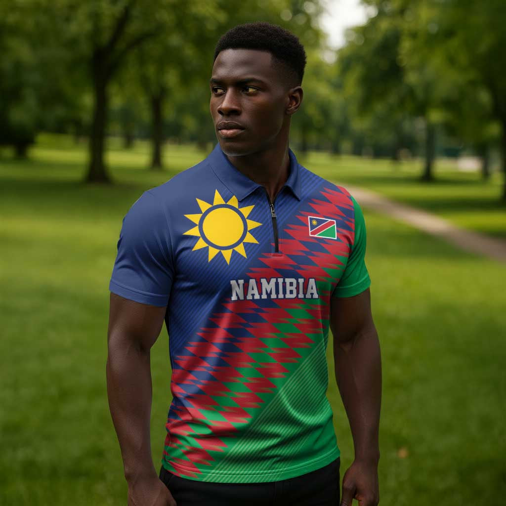 Custom Cricket African Namibia Zipper Polo Shirt Namibian Sporty Pattern Flag Motif