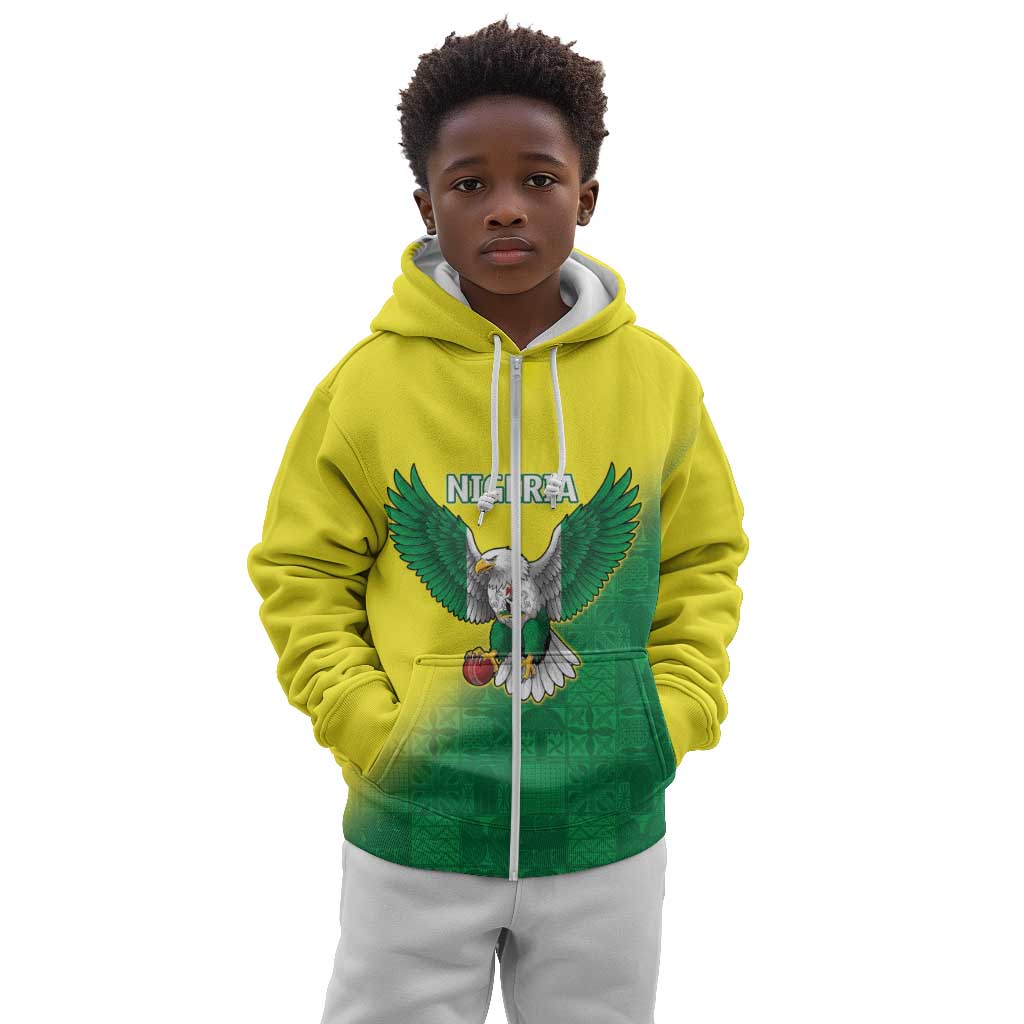Custom Cricket African Nigeria Kid Hoodie Najeriya Angry Eagle Flag Motif - African Pride