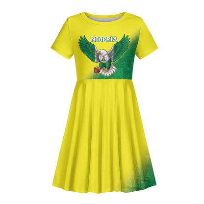 Custom Cricket African Nigeria Kid Short Sleeve Dress Najeriya Angry Eagle Flag Motif - African Pride
