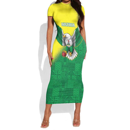 Custom Cricket African Nigeria Short Sleeve Bodycon Dress Najeriya Angry Eagle Flag Motif - African Pride