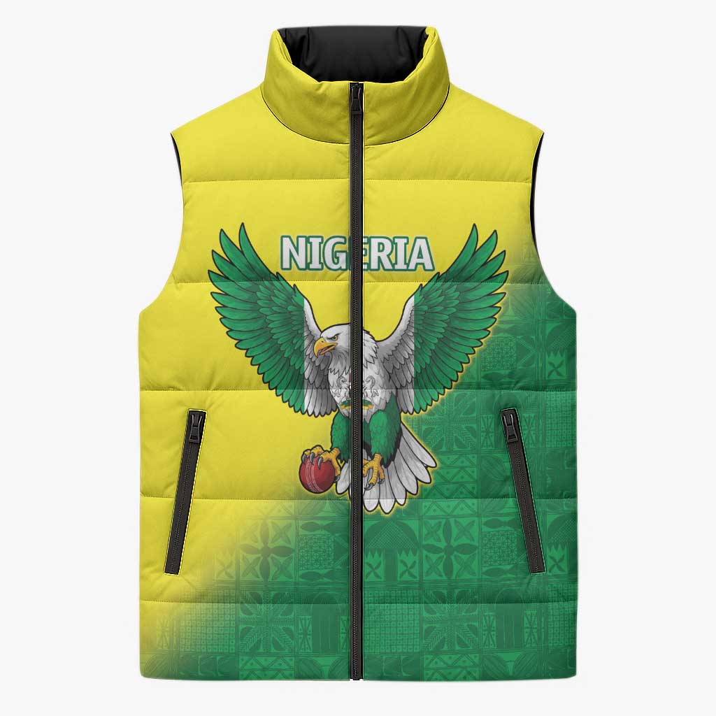 Custom Cricket African Nigeria Sleeveless Puffer Jacket Najeriya Angry Eagle Flag Motif