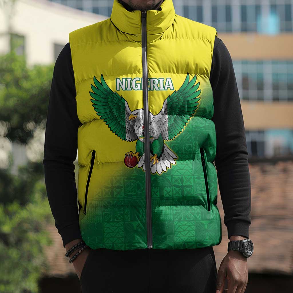 Custom Cricket African Nigeria Sleeveless Puffer Jacket Najeriya Angry Eagle Flag Motif