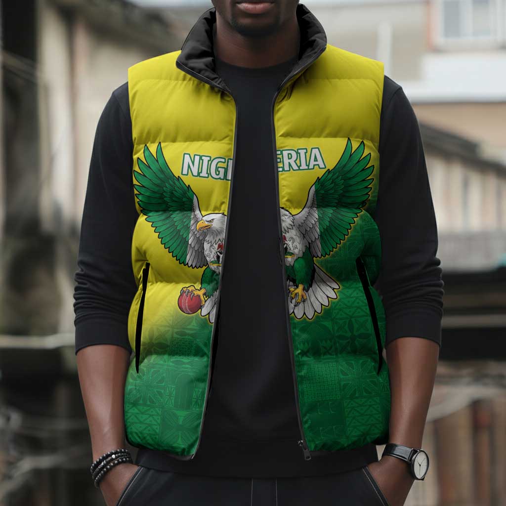 Custom Cricket African Nigeria Sleeveless Puffer Jacket Najeriya Angry Eagle Flag Motif