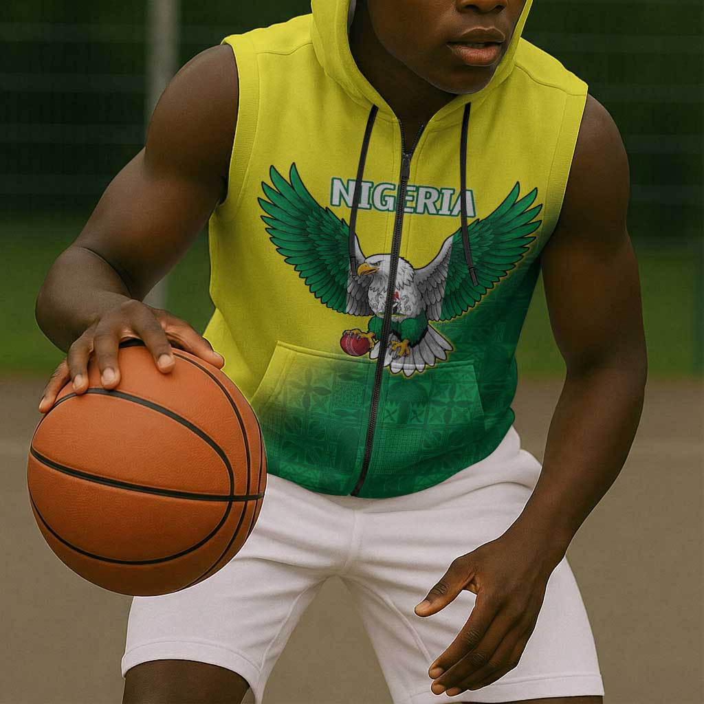 Custom Cricket African Nigeria Sleeveless Zip Hoodie Najeriya Angry Eagle Flag Motif - African Pride