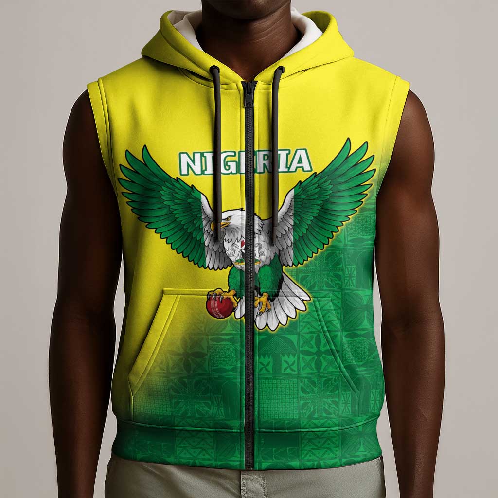 Custom Cricket African Nigeria Sleeveless Zip Hoodie Najeriya Angry Eagle Flag Motif - African Pride